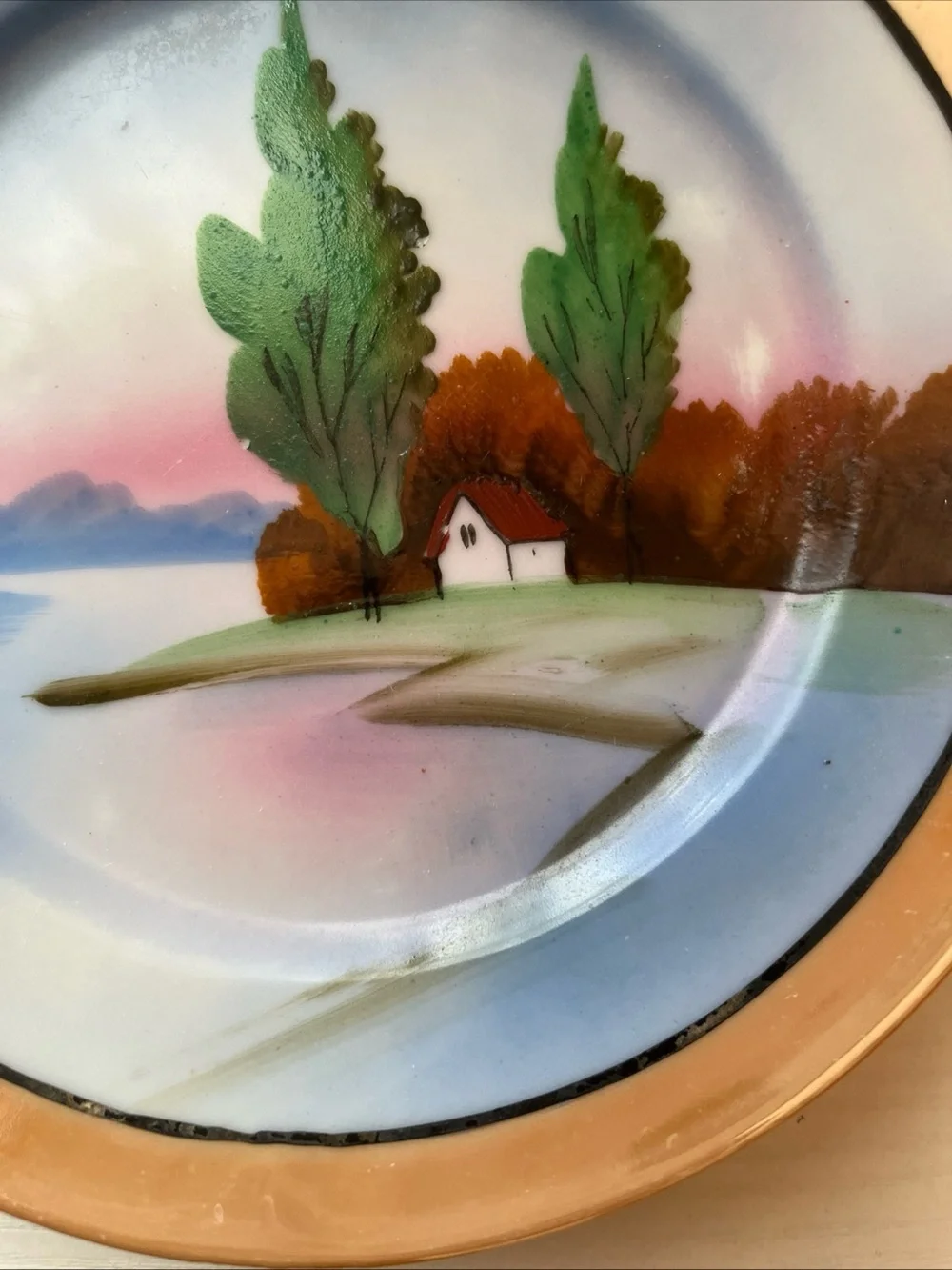 5 Trico Nagoya Japan Lusterware Plates Hand Paint Sunset Cottage Landscape 1930s
